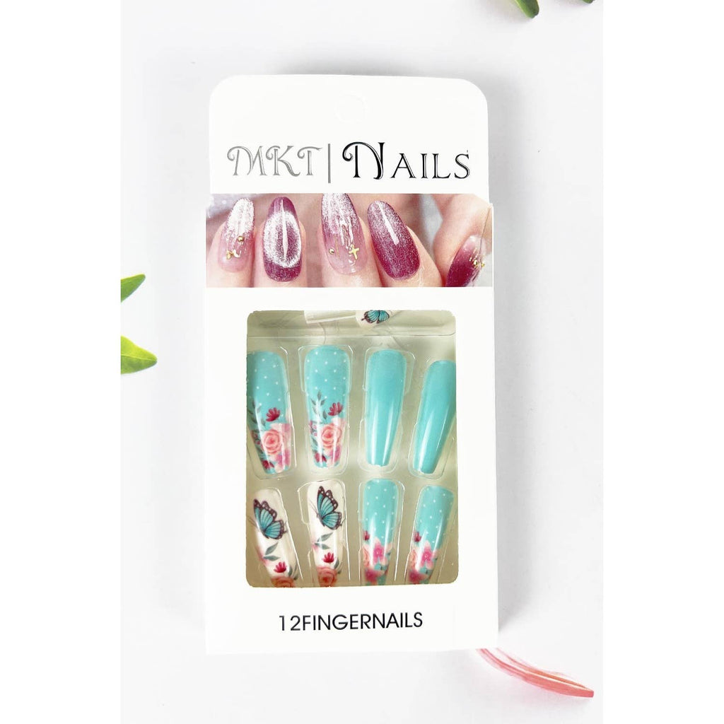 LONG COFFIN SHAPED PRE GLUED NAIL OF BUTTERFLY FLOWER PRINT