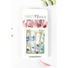 LONG COFFIN SHAPED PRE GLUED NAIL OF BUTTERFLY FLOWER PRINT