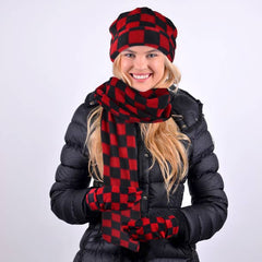 Women's Fleece Red & Black Checkered Winter Set