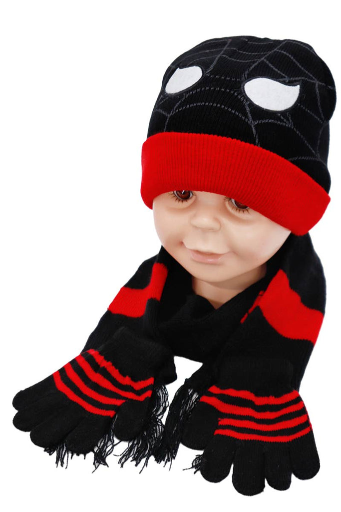 Kids Spider Beanie, Wrap Scarf, and Gloves Set