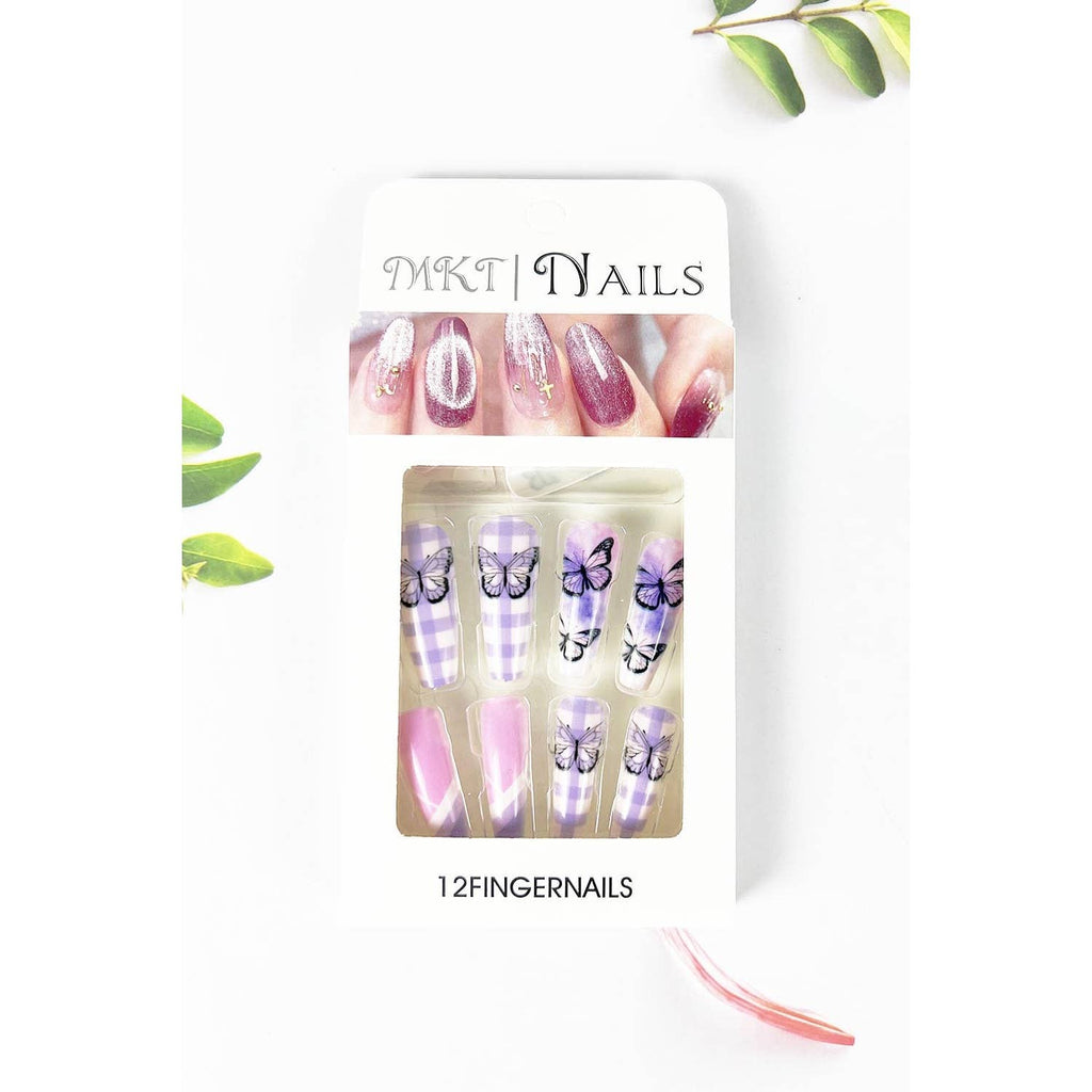 LONG COFFIN SHAPED PRE GLUED NAIL OF BUTTERFLY FLOWER PRINT