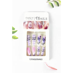 LONG COFFIN SHAPED PRE GLUED NAIL OF BUTTERFLY FLOWER PRINT