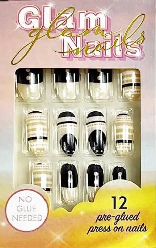 COFFIN SHAPED BLACK AND WHITE PRINT PRESS ON NAIL