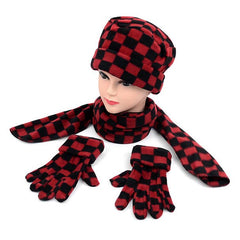 Women's Fleece Red & Black Checkered Winter Set