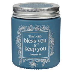 Glass Candle w/Screw Top Lid Blue Bless\Keep You Num. 6:24