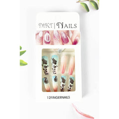 LONG COFFIN SHAPED PRE GLUED NAIL OF BUTTERFLY FLOWER PRINT