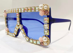 Ocean Blue Rhinestone Sunglasses