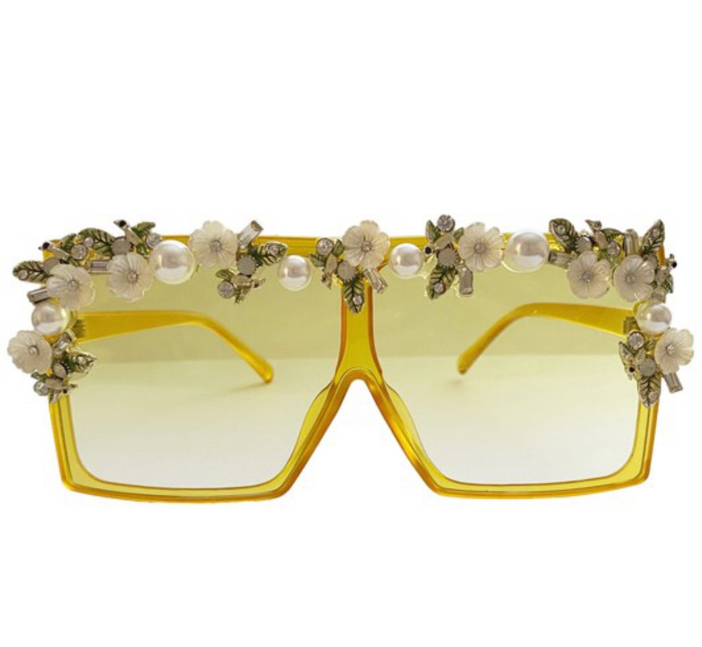 Yellow Flower Pearl Rhinestone Sunglasses